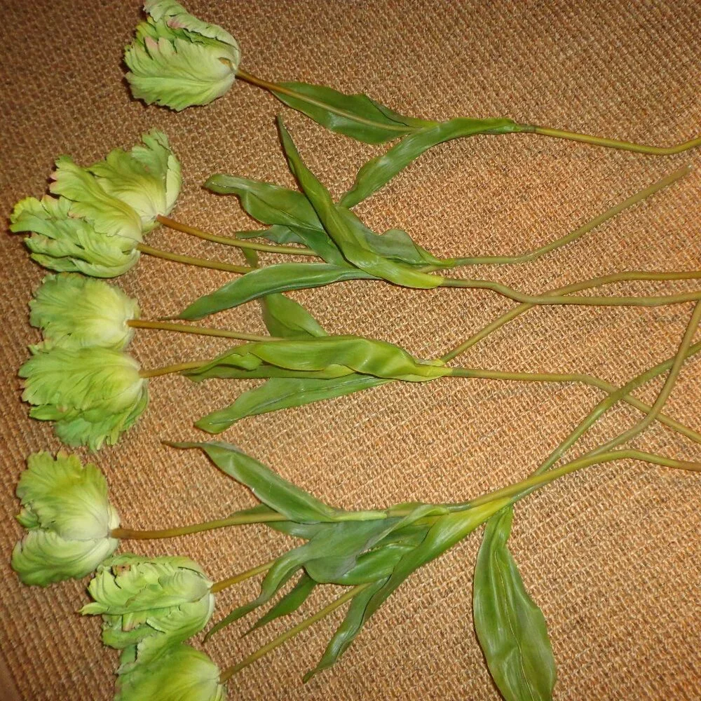 Lot of 8 Faux Long Stem Flowers Greenish Bendable Stems Realistic Looking